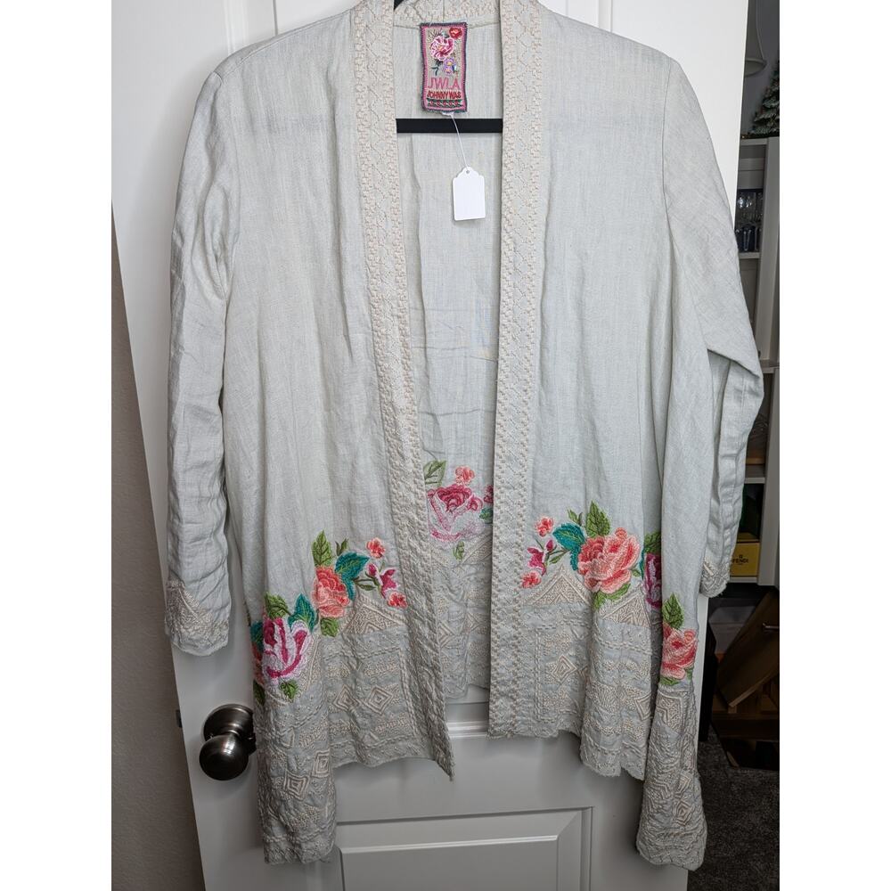 Johnny Was Tan-Colored Linen Open Cardigan with Pink Embroidered Flowers Medium